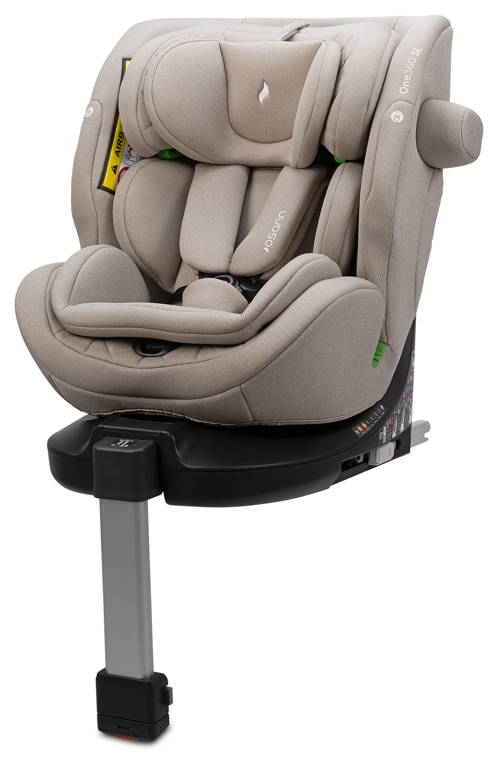 A Osann One 360 SL i-Size Car Seat in Wheat baby car seat with a black base and silver support leg, shown on a clean white background.