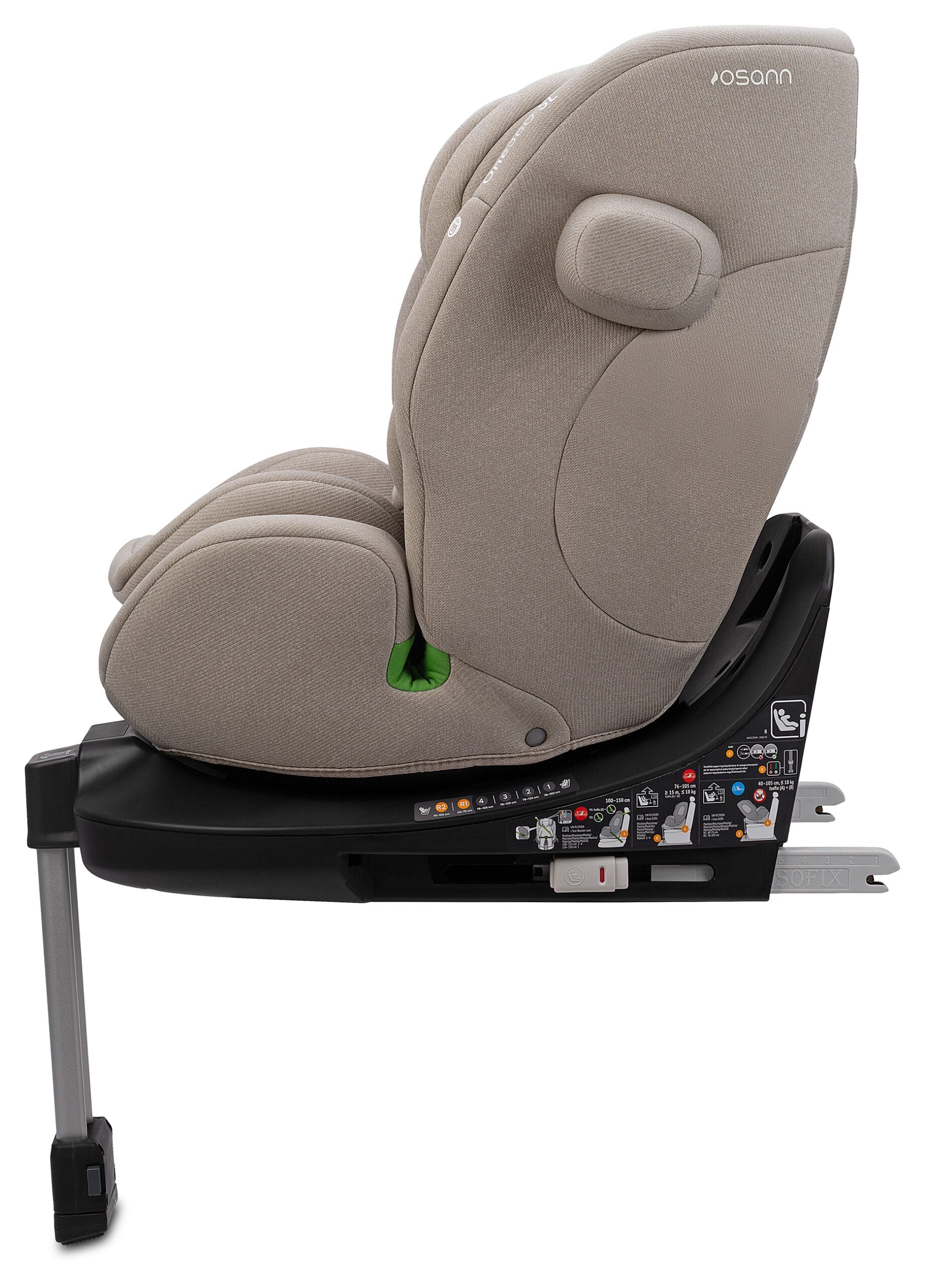 Osann One 360 SL i-Size Car Seat in Wheatwith a light beige fabric upholstery and a black base, shown from a side profile view on a white background.