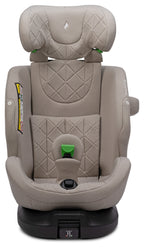 Osann One 360 SL i-Size Car Seat in Wheat with a black base, featuring a green safety harness button and side adjustment straps, shown against a plain white background.