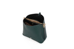 Green handbag with gold zipper on a white background