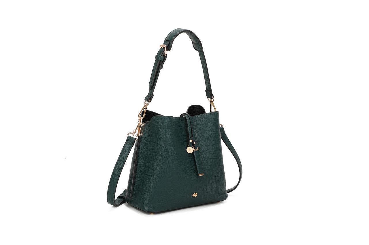 Green handbag with a strap on a white background