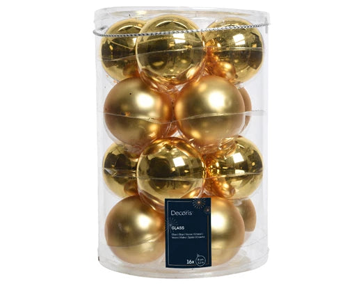 Light gold Christmas baubles 8cm – Set of 16 with shiny and matte finish in clear storage tube