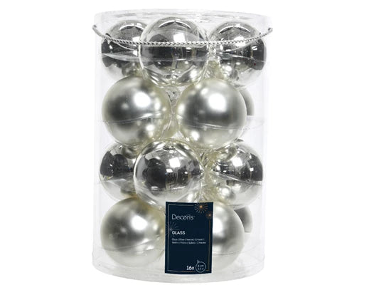 Silver glass Christmas baubles shiny and matte mix 8cm – set of 16 ornaments