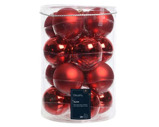 Set of 16 shiny and matt red Christmas baubles – 8cm glass tree decorations