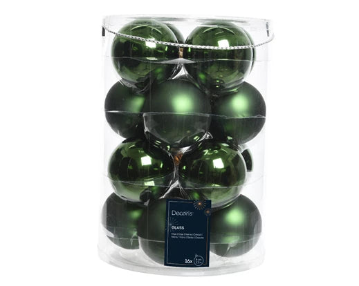 Forest  Green Glass Christmas Baubles – Set of 16 with Shiny and Matt Finish, 8cm