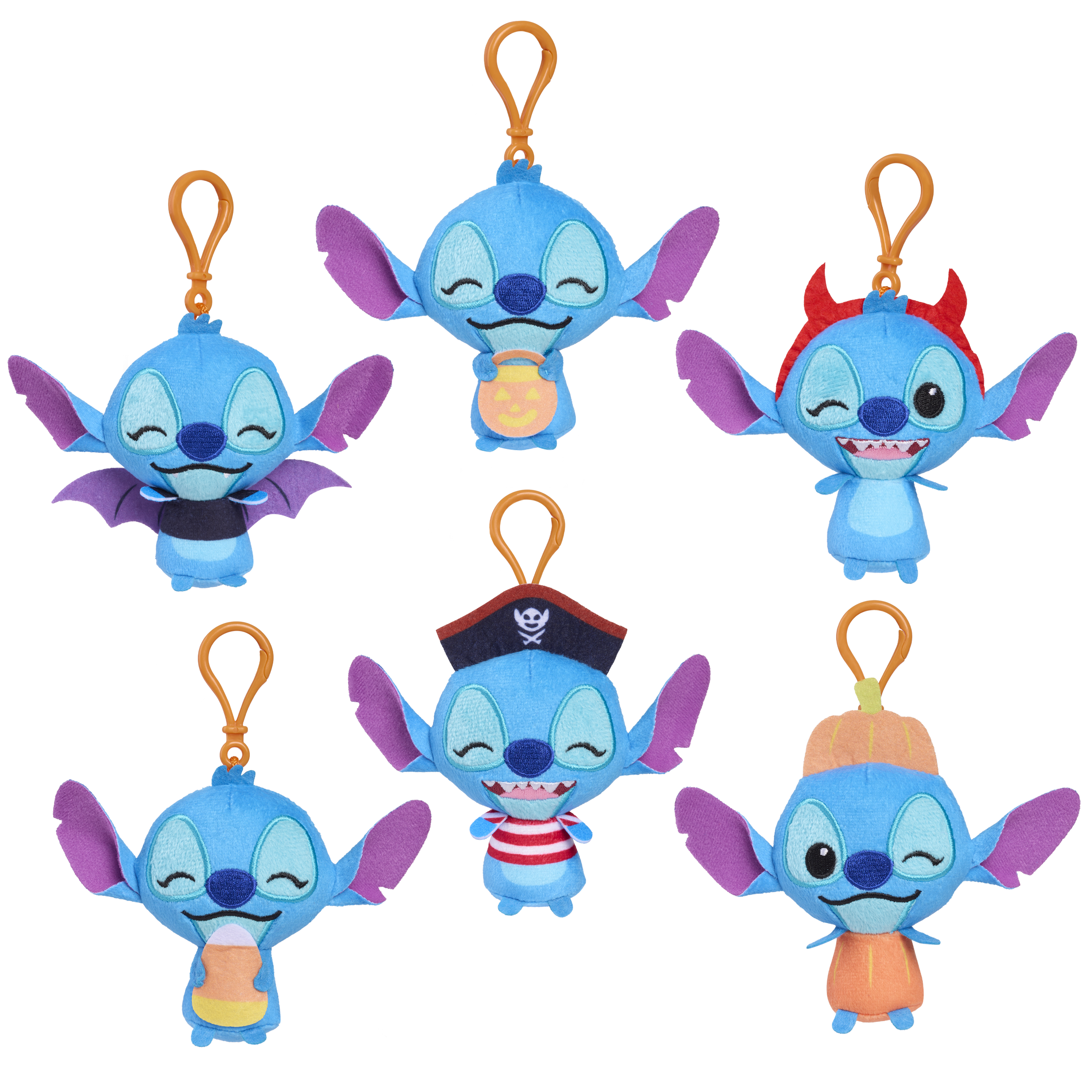 Set of Stitch plush keychains in various poses on a white background