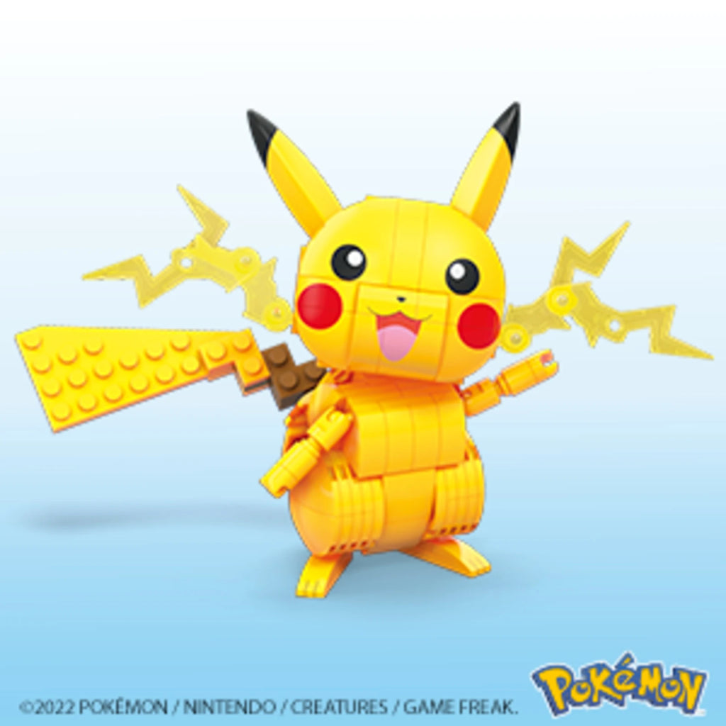 Yellow Pikachu toy figure made of interlocking bricks on a light blue background
