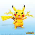 Yellow Pikachu toy figure made of interlocking bricks on a light blue background