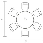 Black and white line drawing showing a round table with six chairs, annotated with dimension lines and labels reading 3m.