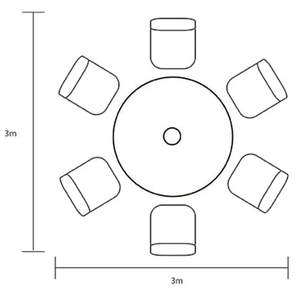 Black and white line drawing showing a round table with six chairs, annotated with dimension lines and labels reading 3m.