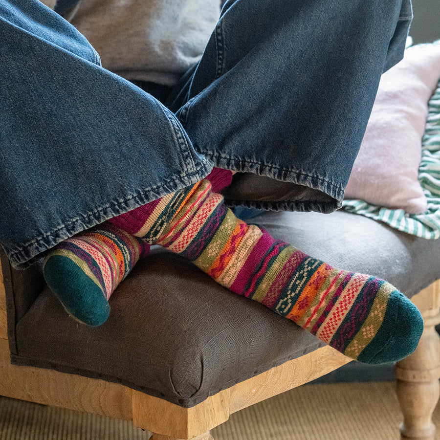 Magenta, Teal Mix Multi Pattern Stripe Socks