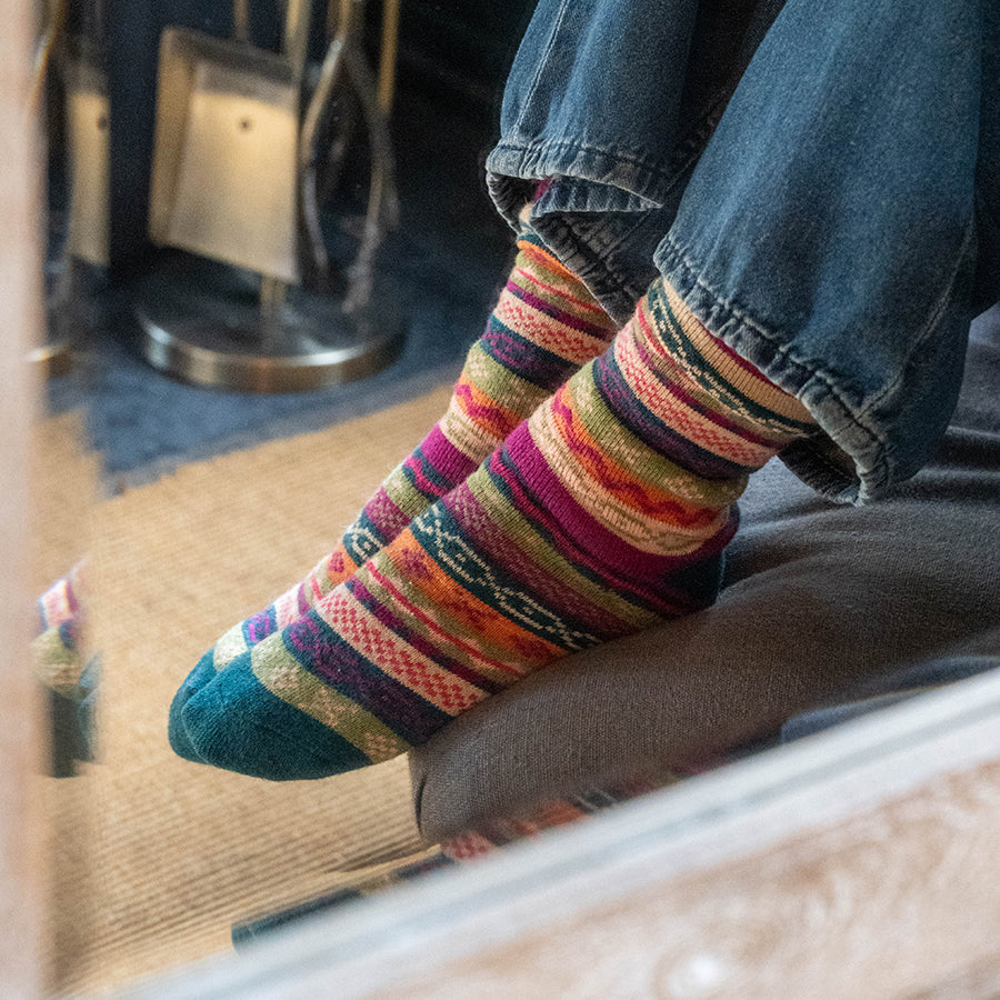 Magenta, Teal Mix Multi Pattern Stripe Socks