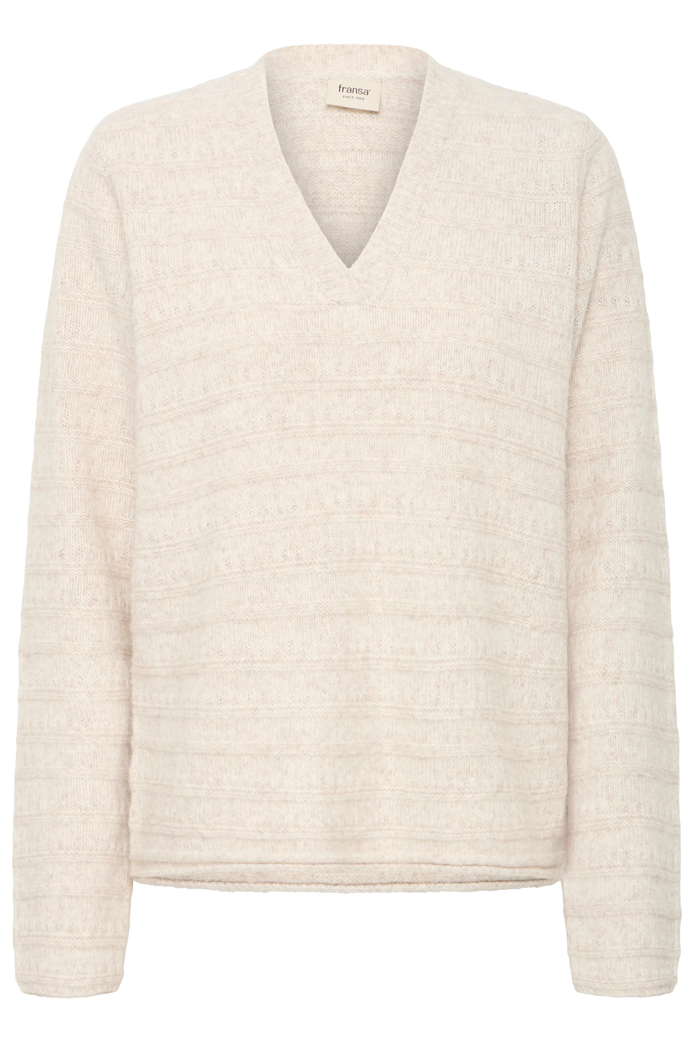 Fransa V-Neck Pullover in the Color Oatmeal Melang - Textured Knit