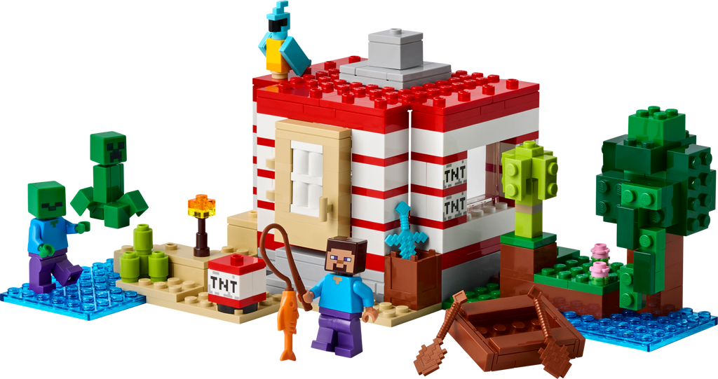 LEGO set with a red and white building, characters, and trees on a white background