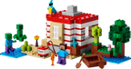 LEGO set with a red and white building, characters, and trees on a white background