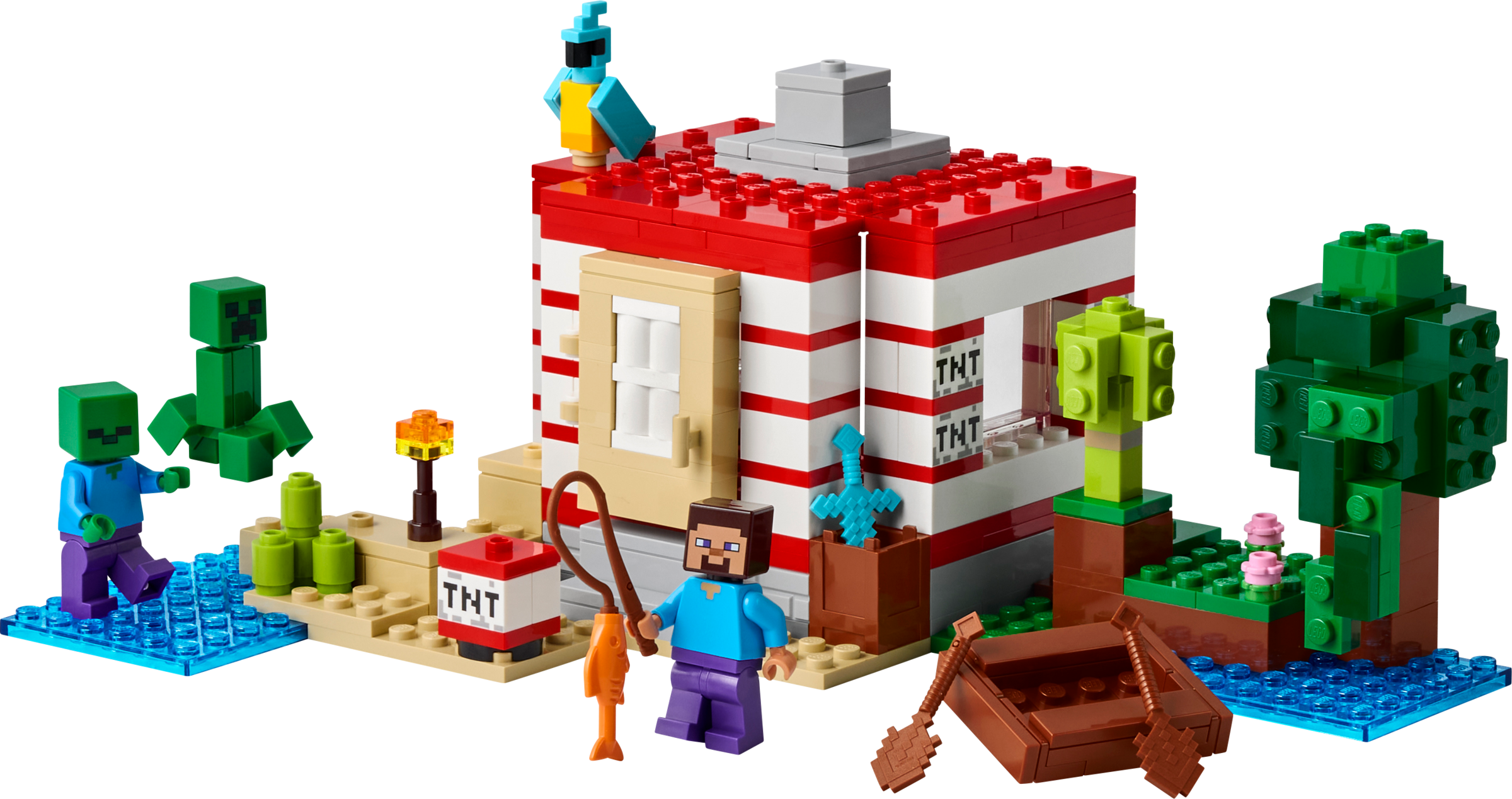 LEGO set with a red and white building, characters, and trees on a white background
