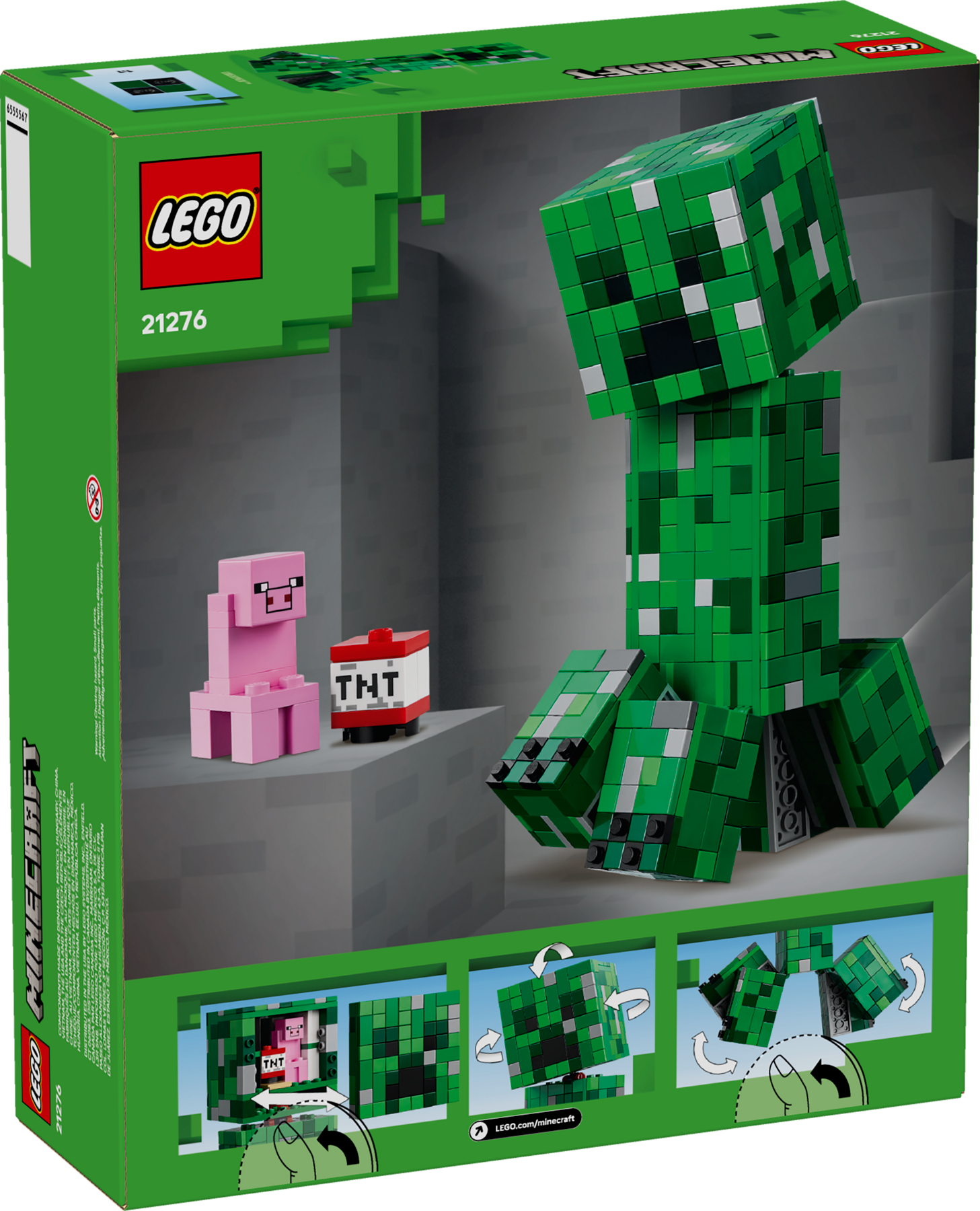 LEGO Minecraft Creeper figure in packaging with small pink pig and red TNT block toys.