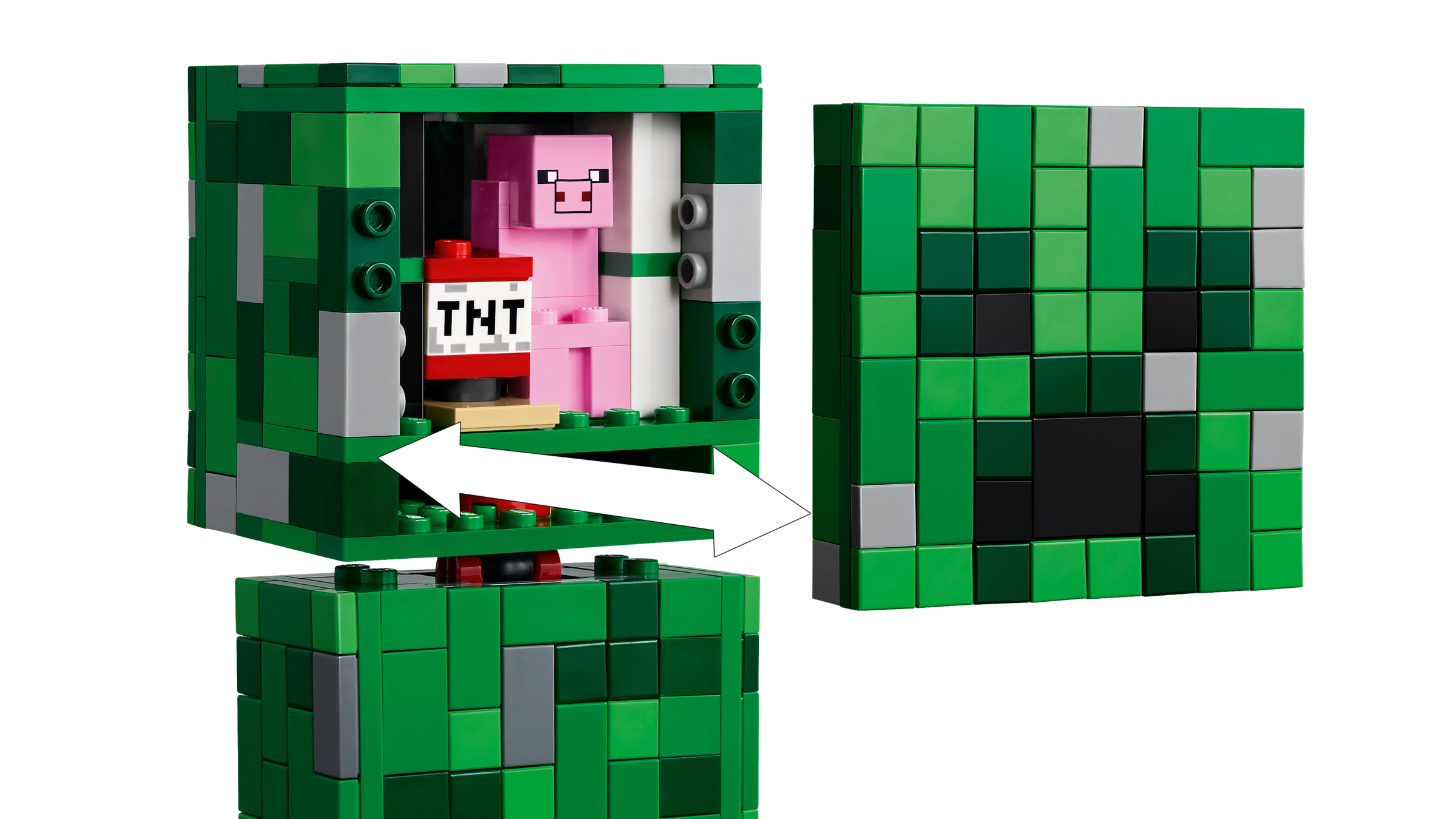 LEGO Minecraft set with a pig and TNT block on a green block background