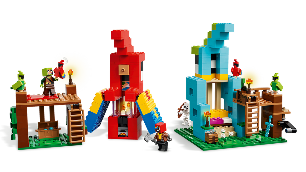 LEGO Minecraft set with various structures on a white background
