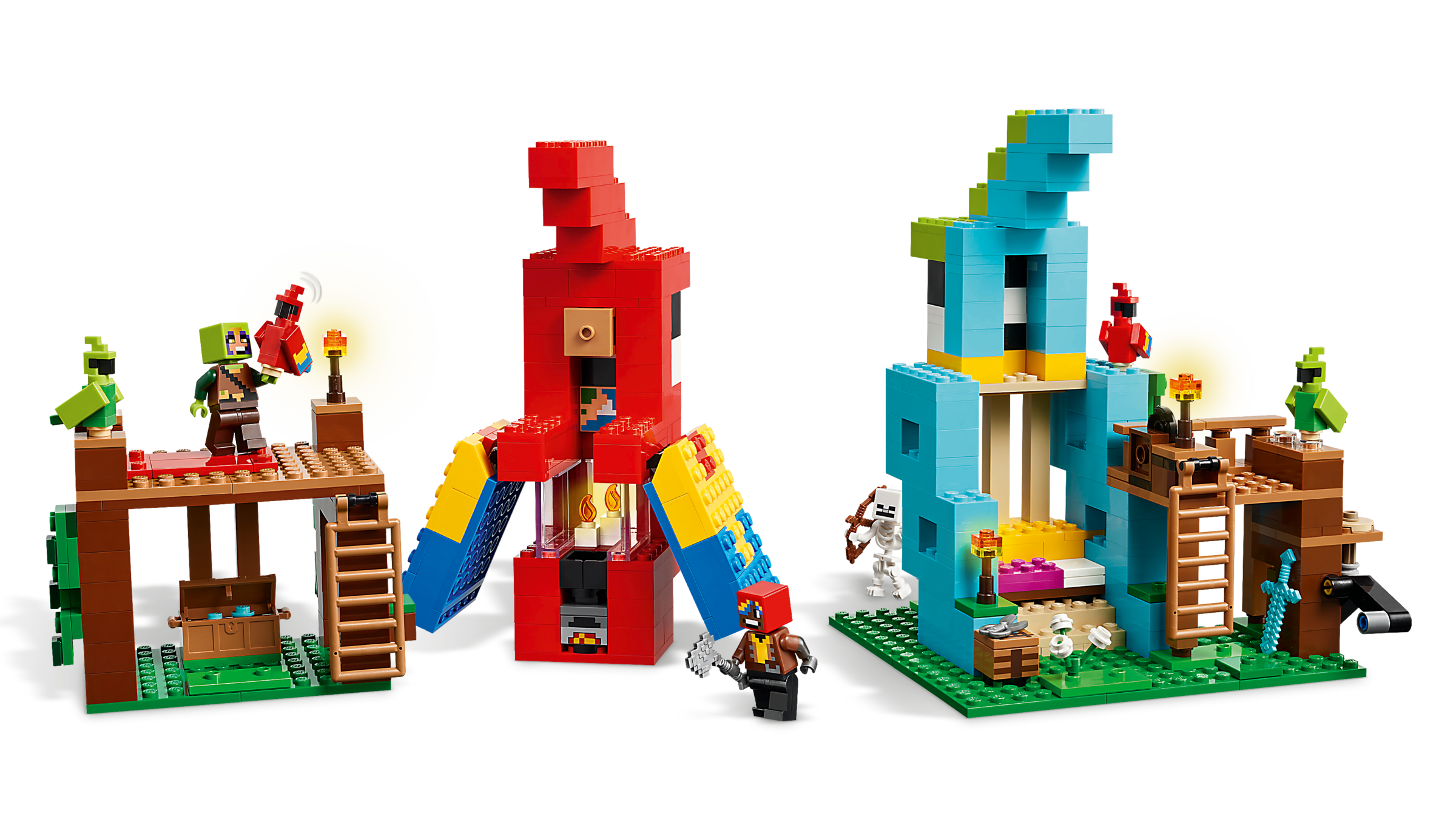 LEGO Minecraft set with various structures on a white background