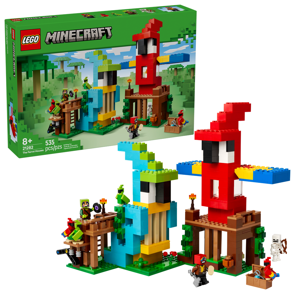 LEGO Minecraft set with red tower and character figures on a white background