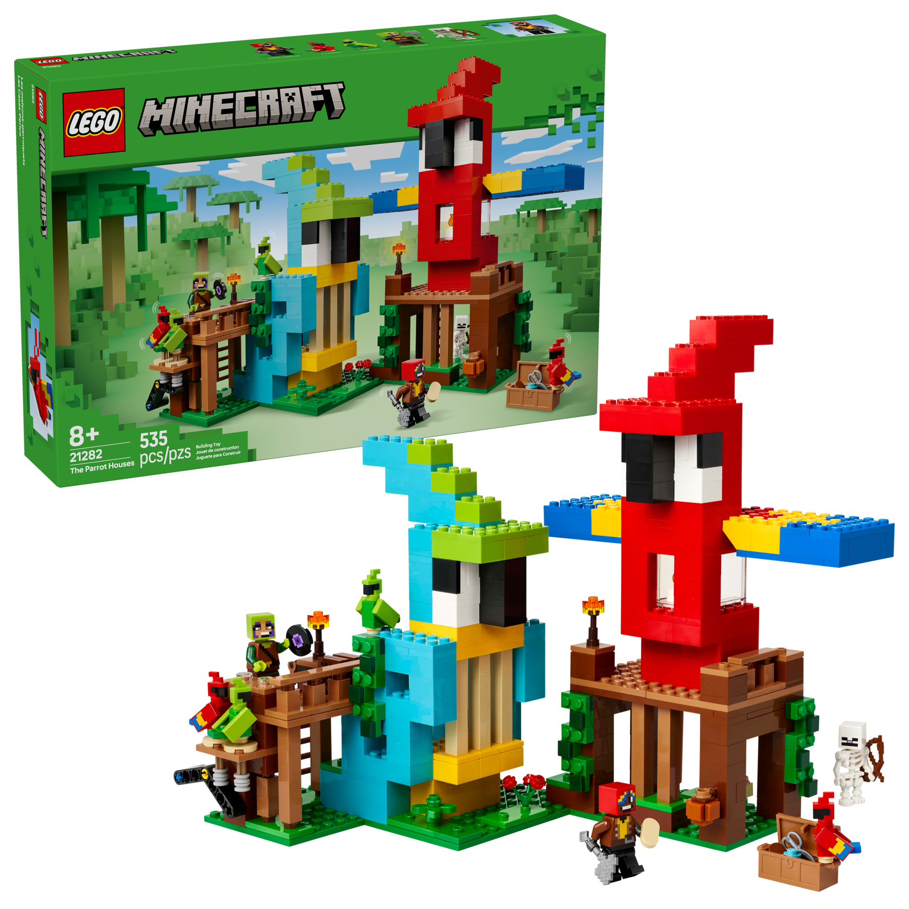 LEGO Minecraft set with red tower and character figures on a white background