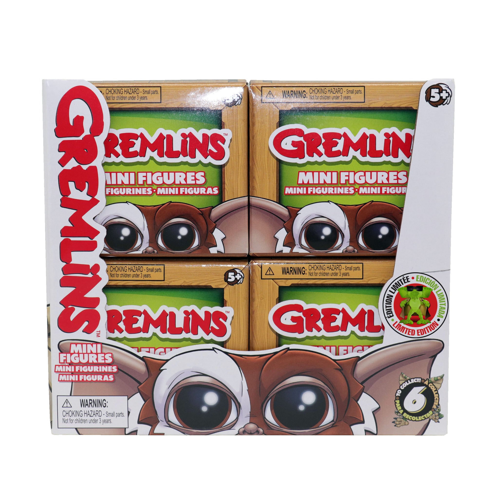 Box of Gremlins mini figures with character faces on a white background