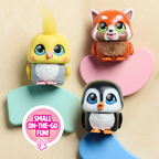 Three small animal figurines on colorful bases with a 'Small On-The-Go Fun!' label.