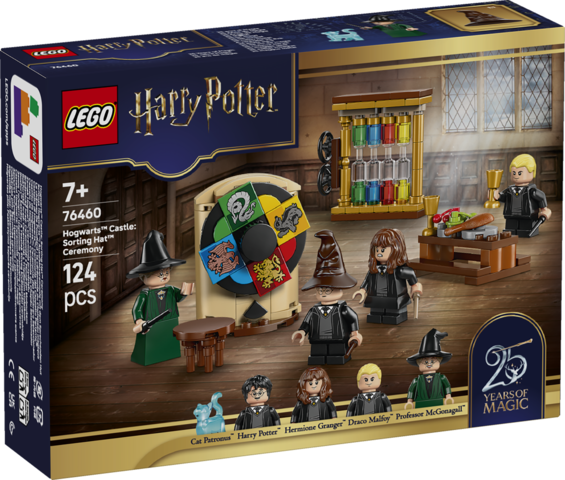 LEGO Harry Potter set packaging with characters and castle model on a wooden floor.