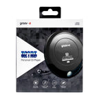 Groove Retro Personal CD Player in its original retail packaging, featuring a black and white box with a graphic of the black CD player and blue 'RETRO' text.