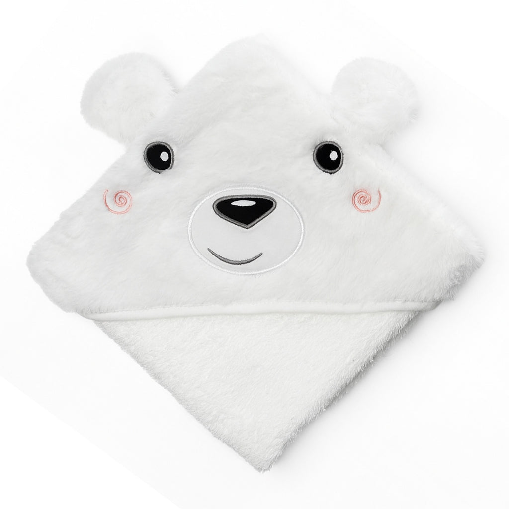 A white plush baby hooded towel shaped like a bear face, featuring embroidered black eyes, a black nose, a curved smile, and pink rosy cheeks, shown on a clean white background.