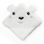 A white plush baby hooded towel shaped like a bear face, featuring embroidered black eyes, a black nose, a curved smile, and pink rosy cheeks, shown on a clean white background.