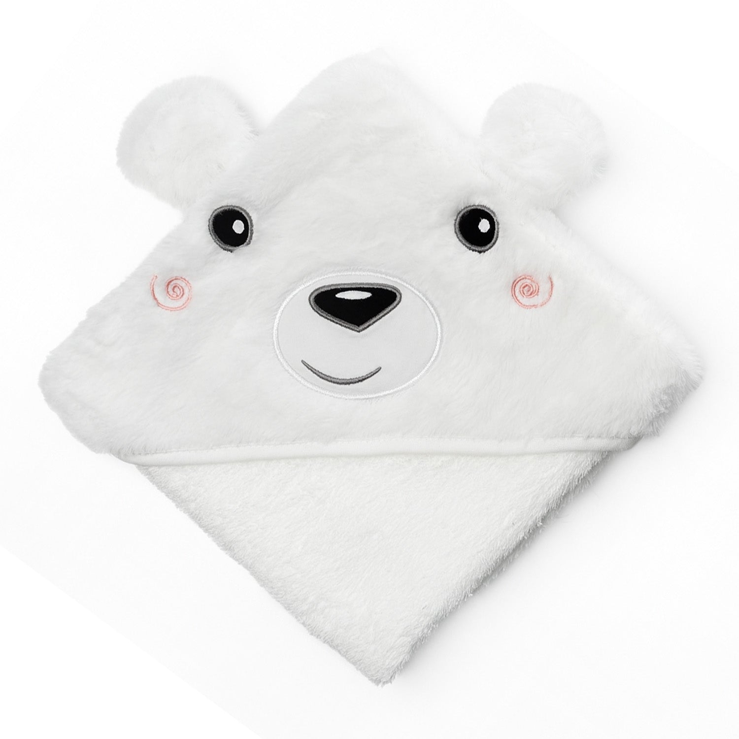 A white plush baby hooded towel shaped like a bear face, featuring embroidered black eyes, a black nose, a curved smile, and pink rosy cheeks, shown on a clean white background.