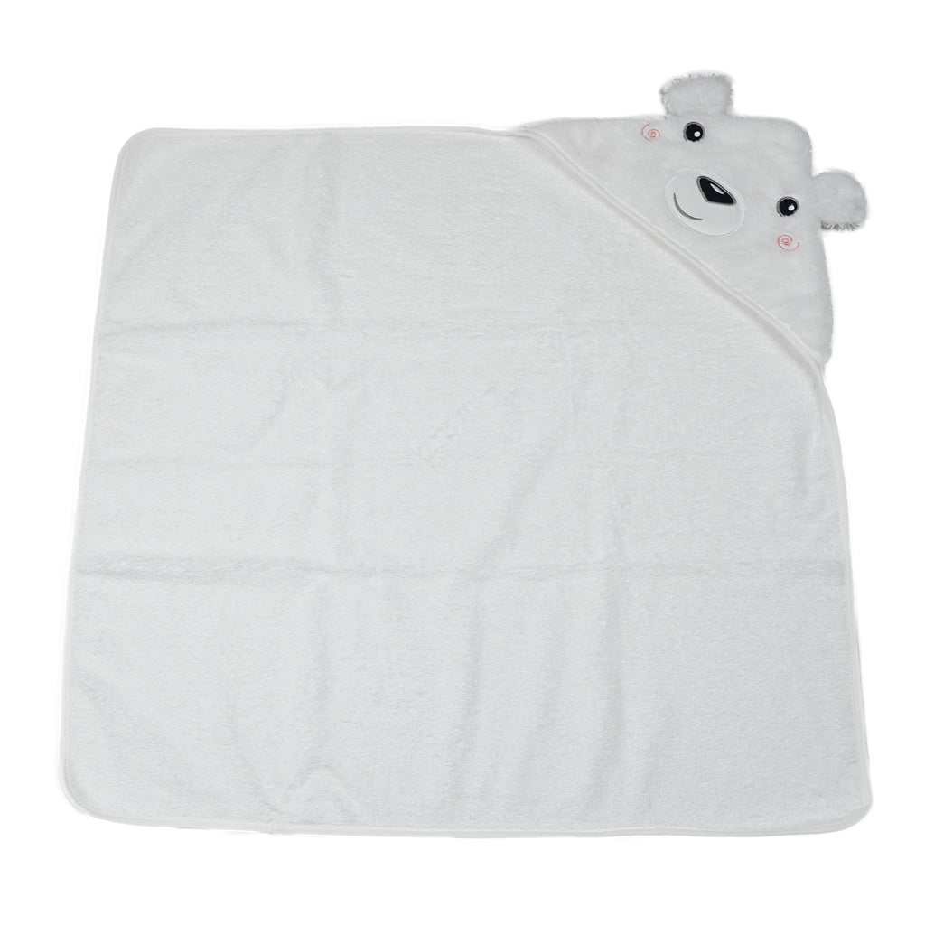 A white hooded baby towel with a bear face design on the hood, shown flat against a white background.