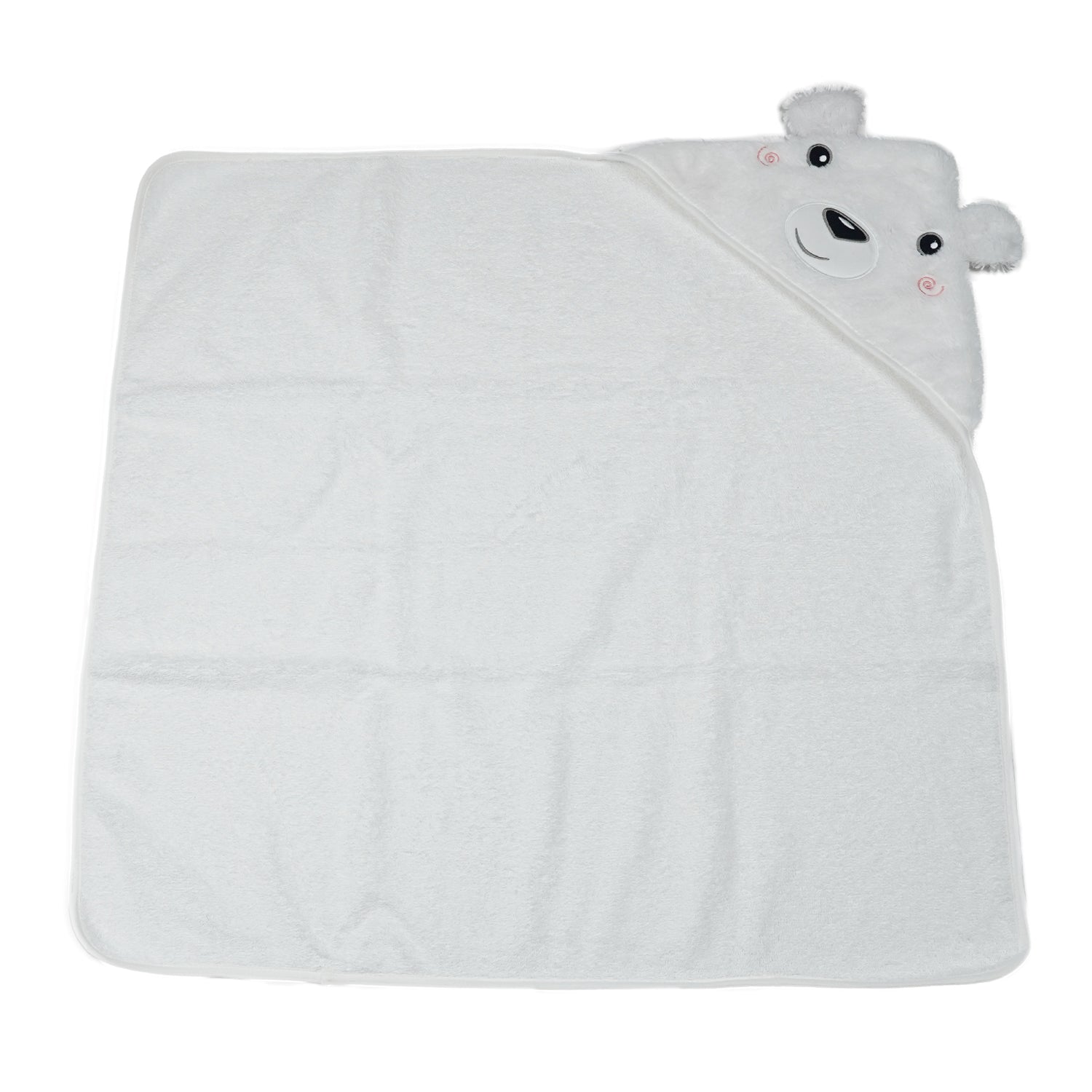 A white hooded baby towel with a bear face design on the hood, shown flat against a white background.