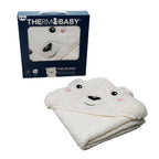 A white plush baby hooded towel with a bear face design is shown in front of its navy blue Thermobaby retail box on a plain white background.