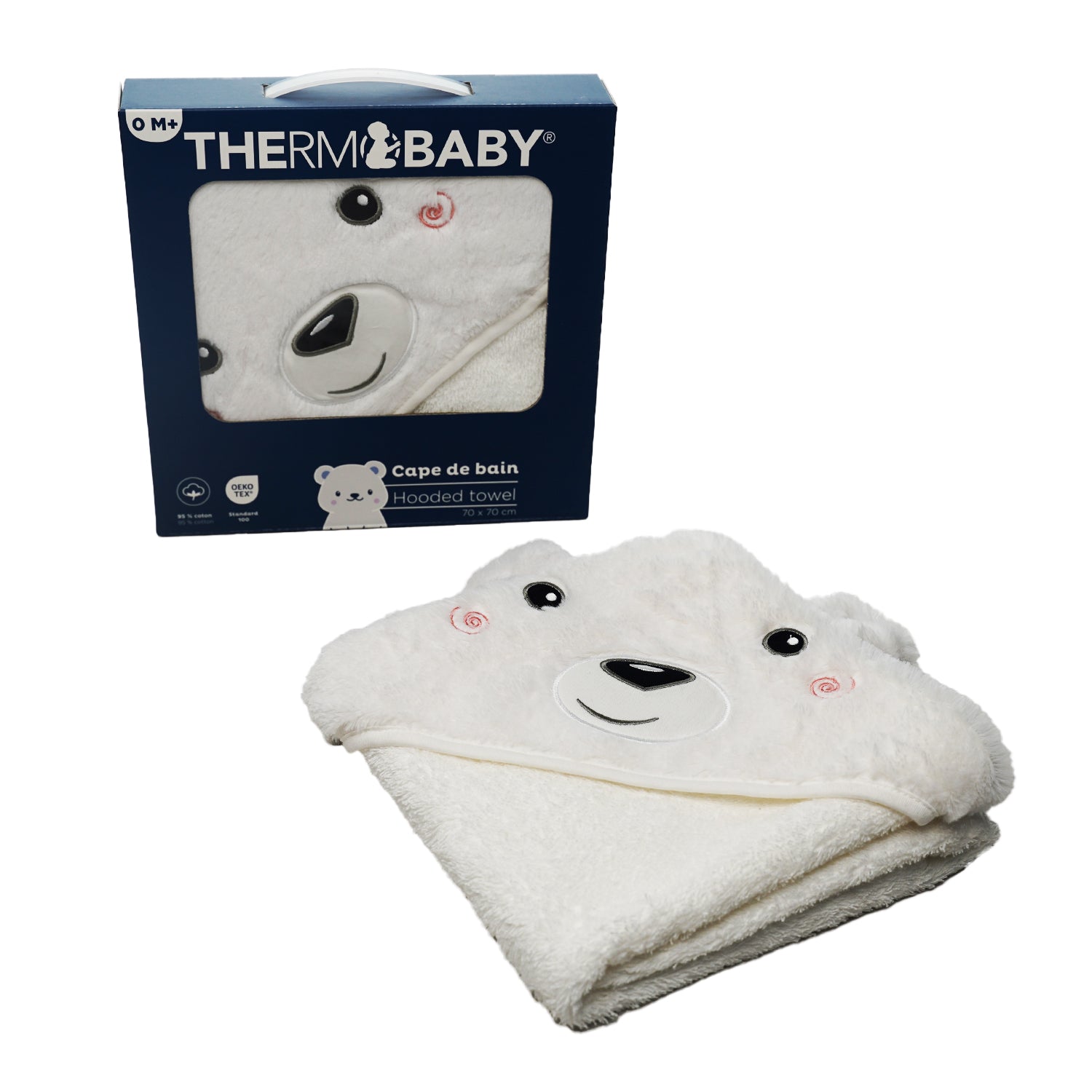 A white plush baby hooded towel with a bear face design is shown in front of its navy blue Thermobaby retail box on a plain white background.