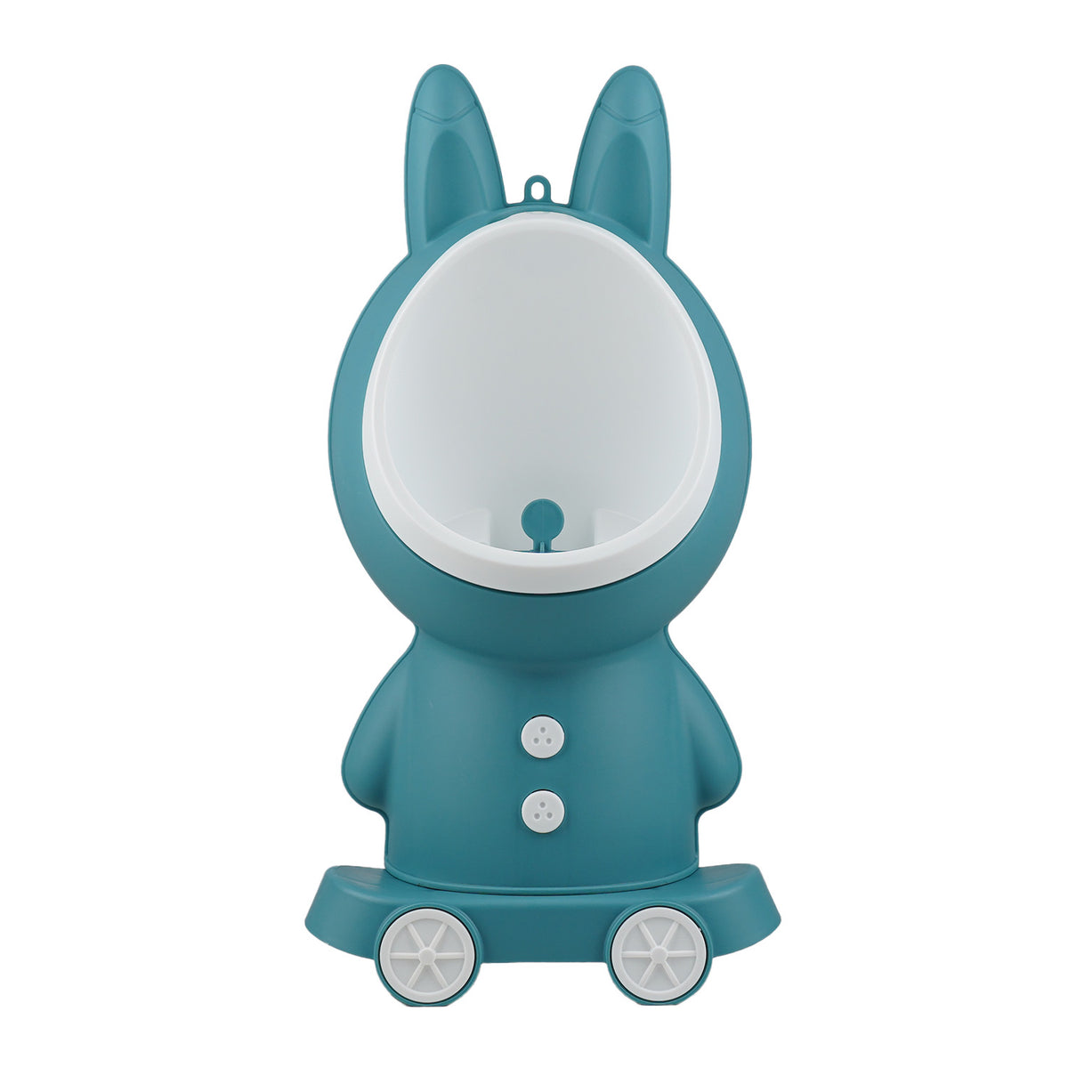 Teal and white children's potty with bunny design on a white background