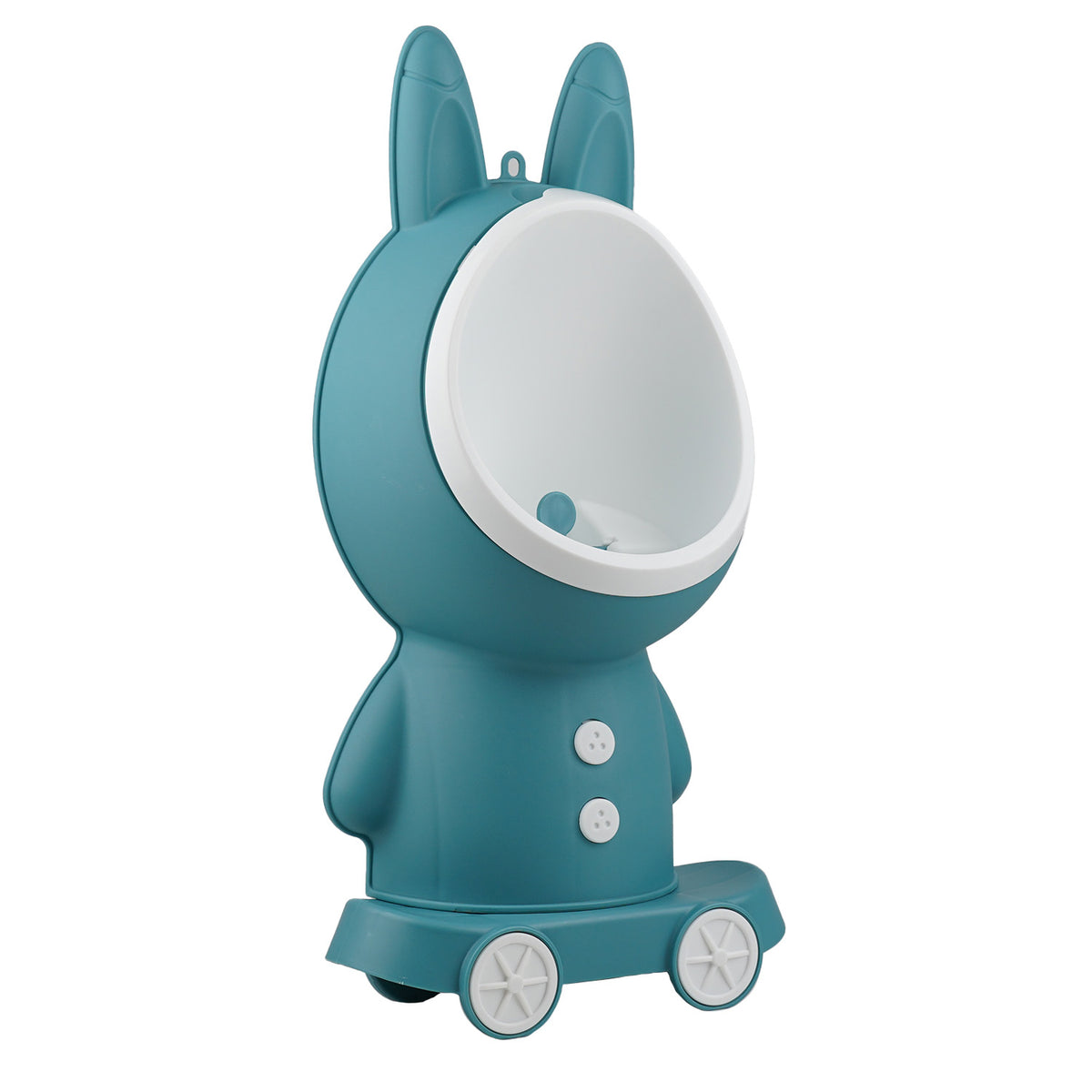 A teal and white bunny-shaped children's urinal with ears, wheels, and button details, shown on a plain white background.