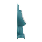 A side profile view of a modern wall-mounted urinal in a teal color with a white curved accent panel, shown against a solid white background.
