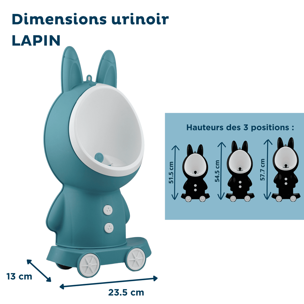 Teal rabbit-shaped urinal with a white bowl interior, shown with dimension annotations in French: 13 cm height, 23.5 cm width, and a side inset showing three rabbit heights of 51.