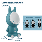 Teal rabbit-shaped urinal with a white bowl interior, shown with dimension annotations in French: 13 cm height, 23.5 cm width, and a side inset showing three rabbit heights of 51.