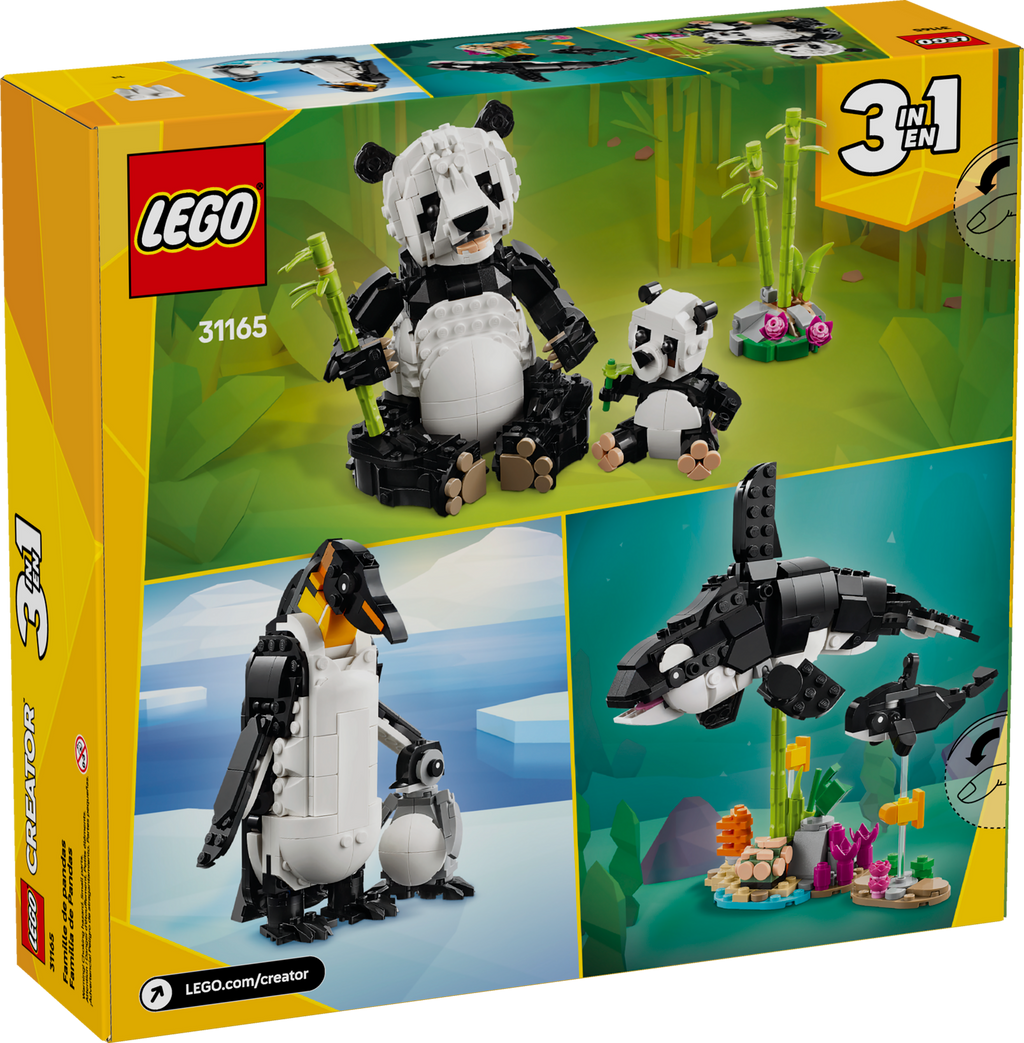 LEGO set packaging with panda, penguin, and whale models on a green and blue gradient background.