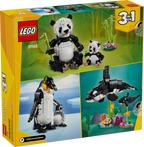 LEGO set packaging with panda, penguin, and whale models on a green and blue gradient background.