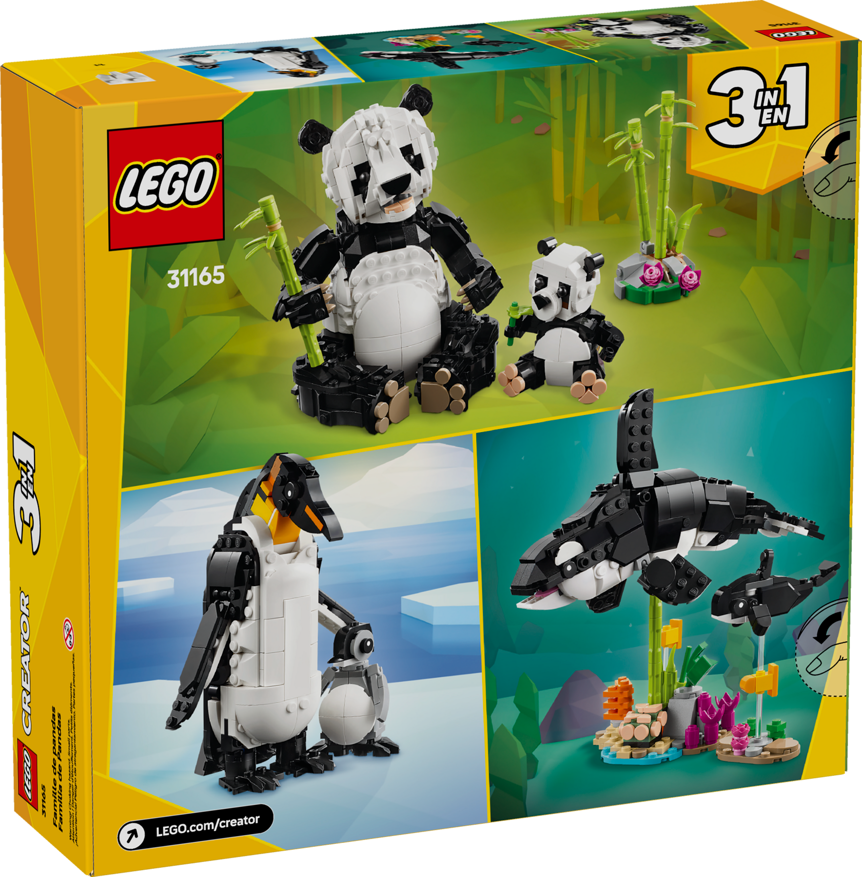 LEGO set packaging with panda, penguin, and whale models on a green and blue gradient background.