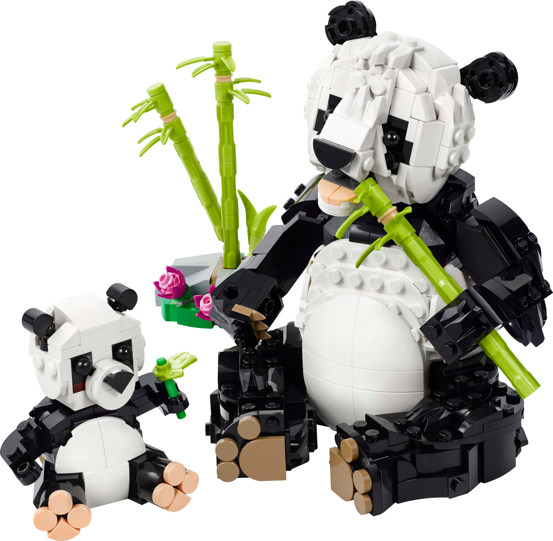 LEGO panda set with two pandas and bamboo on a white background