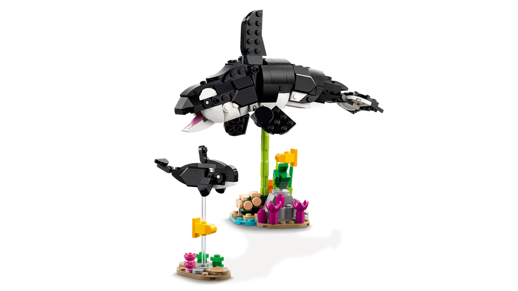LEGO orca whale set on a white background
