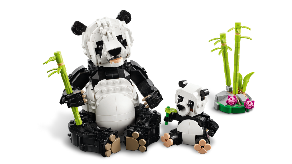 LEGO panda set with two pandas and bamboo on a white background