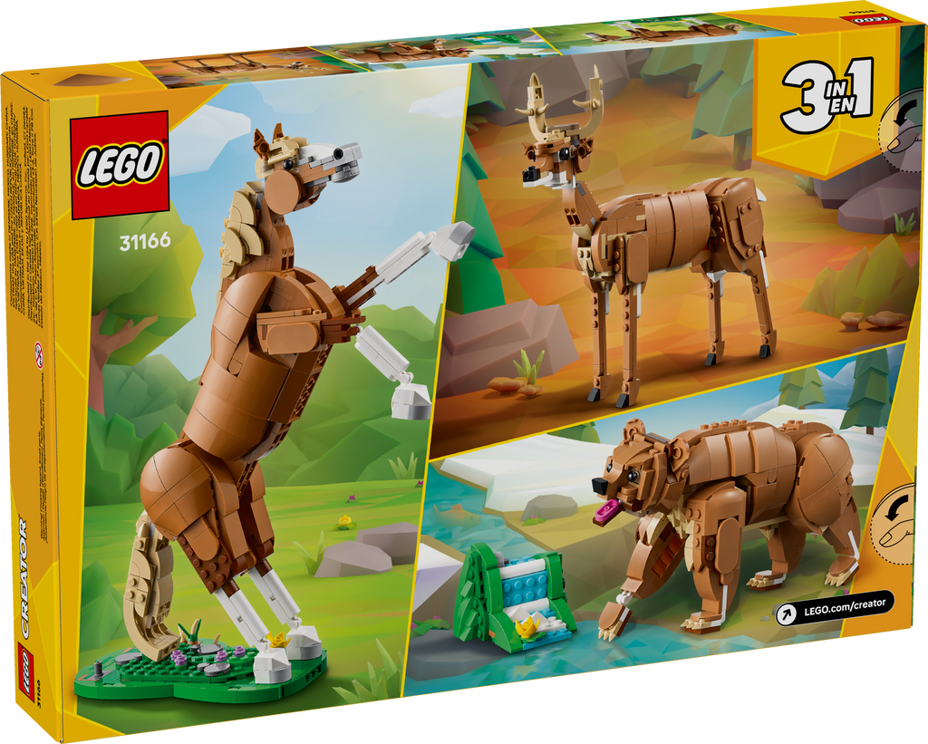 LEGO 3-in-1 animal model kit packaging with various animal designs on a yellow background