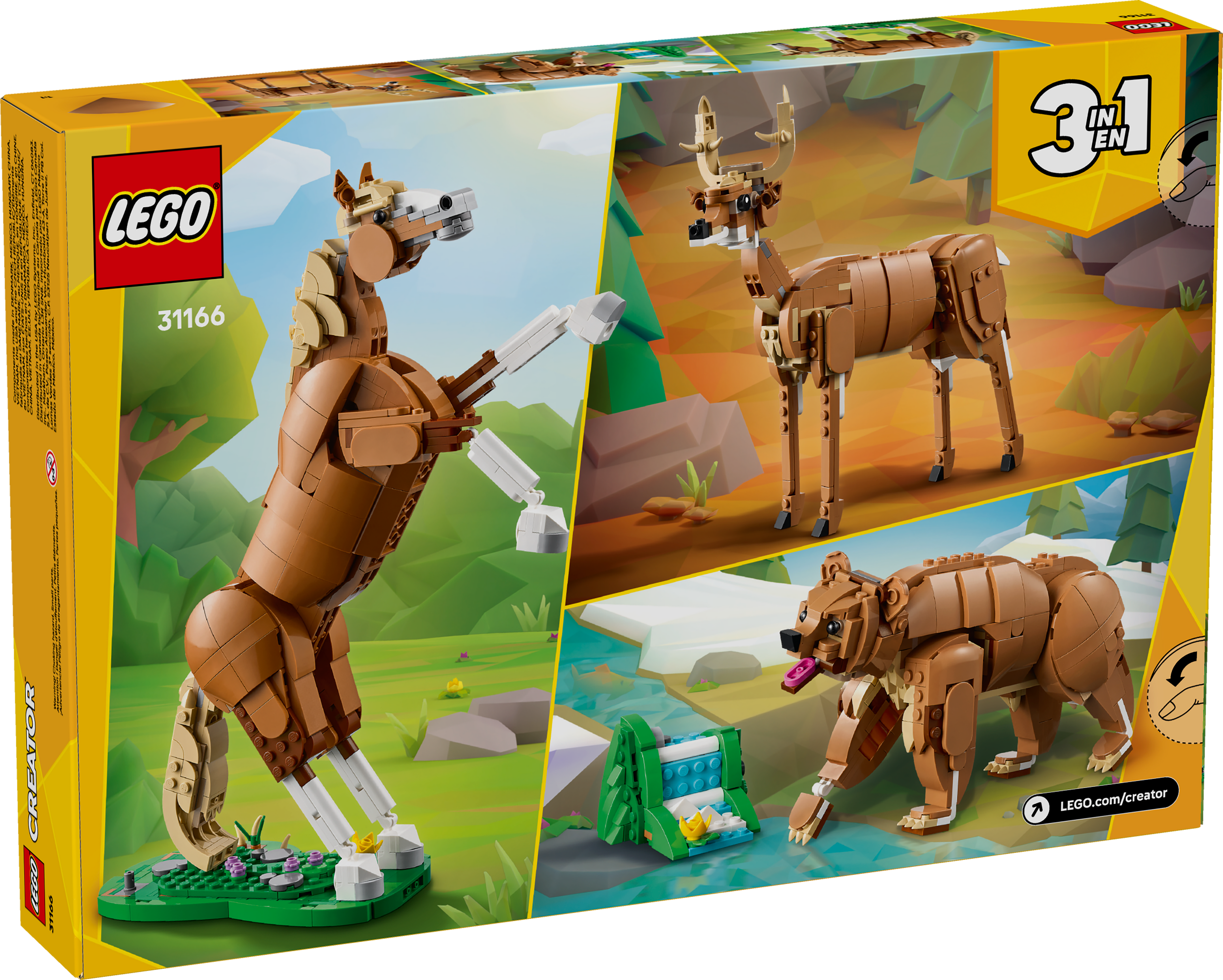 LEGO 3-in-1 animal model kit packaging with various animal designs on a yellow background
